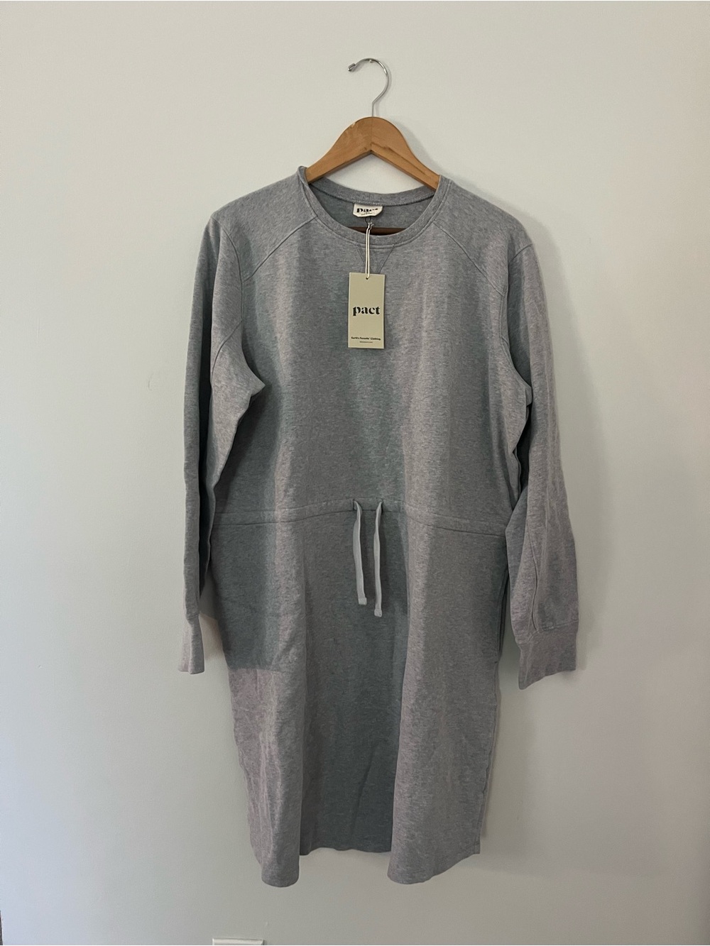 Pact Light Gray Crewneck Sweatshirt Dress with Drawstring Organic cotton NWT